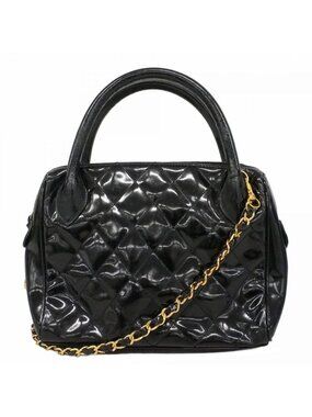 Chanel Handbag Quilted Patent Leather Black Gold 2-Way Bag